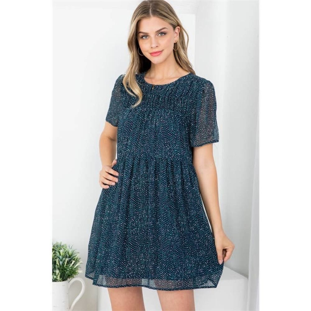 Navy Blue Smocked Waist Dotted Print Dress